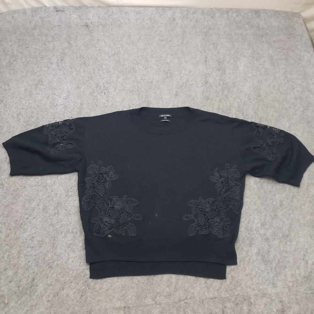 Massimo Dutti Sweater Womens Small Black 3/4 Sleeve Crochet Flower Wool Ladies